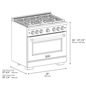 ZLINE Autograph Edition 36 in. 5.2 cu. ft. Paramount Dual Fuel Range with 6 Burner Gas Cooktop and Electric Convection Oven in Satin Stainless Steel with Black Matte Door and Champagne Bronze Accents (SDRSZ-BLM-36-CB) dimensional diagram.