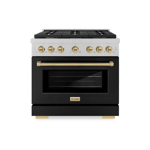 ZLINE Autograph Edition 36 in. 5.2 cu. ft. Paramount Dual Fuel Range with 6 Burner Gas Cooktop and Electric Convection Oven in Satin Stainless Steel with Black Matte Door and Champagne Bronze Accents (SDRSZ-BLM-36-CB) front.