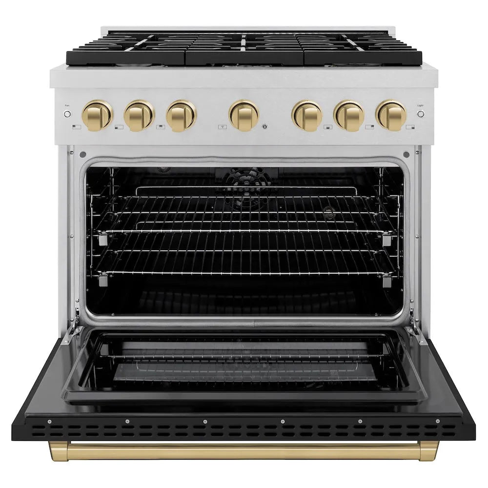 ZLINE Autograph Edition 36 in. 5.2 cu. ft. Paramount Dual Fuel Range with 6 Burner Gas Cooktop and Electric Convection Oven in Satin Stainless Steel with Black Matte Door and Champagne Bronze Accents (SDRSZ-BLM-36-CB) front, open.