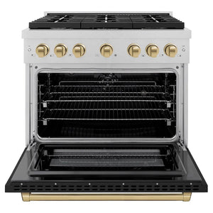 ZLINE Autograph Edition 36 in. 5.2 cu. ft. Paramount Dual Fuel Range with 6 Burner Gas Cooktop and Electric Convection Oven in Satin Stainless Steel with Black Matte Door and Champagne Bronze Accents (SDRSZ-BLM-36-CB) front, open.