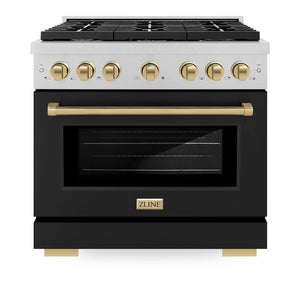 ZLINE Autograph Edition 36 in. 5.2 cu. ft. Paramount Dual Fuel Range with 6 Burner Gas Cooktop and Electric Convection Oven in Satin Stainless Steel with Black Matte Door and Champagne Bronze Accents (SDRSZ-BLM-36-CB) front, oven closed.