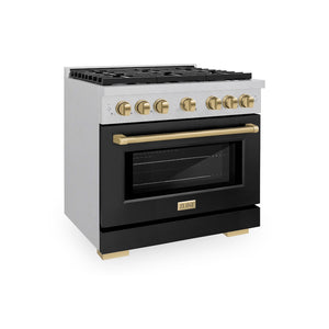 ZLINE Autograph Edition 36 in. 5.2 cu. ft. Paramount Dual Fuel Range with 6 Burner Gas Cooktop and Electric Convection Oven in Satin Stainless Steel with Black Matte Door and Champagne Bronze Accents (SDRSZ-BLM-36-CB) side.