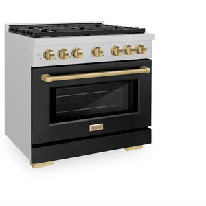 ZLINE Autograph Edition 36 in. 5.2 cu. ft. Paramount Dual Fuel Range with 6 Burner Gas Cooktop and Electric Convection Oven in Satin Stainless Steel with Black Matte Door and Champagne Bronze Accents (SDRSZ-BLM-36-CB) side, oven closed.