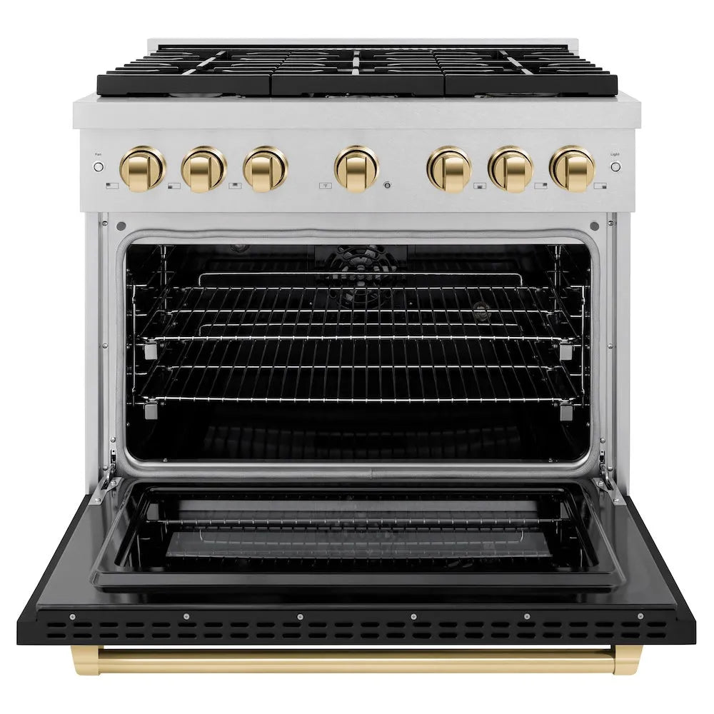 ZLINE Autograph Edition 36 in. 5.2 cu. ft. Paramount Dual Fuel Range with 6 Burner Gas Cooktop and Electric Convection Oven in Satin Stainless Steel with Black Matte Door and Polished Gold Accents (SDRSZ-BLM-36-G) front, open.