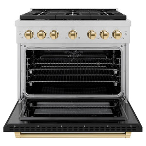 ZLINE Autograph Edition 36 in. 5.2 cu. ft. Paramount Dual Fuel Range with 6 Burner Gas Cooktop and Electric Convection Oven in Satin Stainless Steel with Black Matte Door and Polished Gold Accents (SDRSZ-BLM-36-G) front, open.