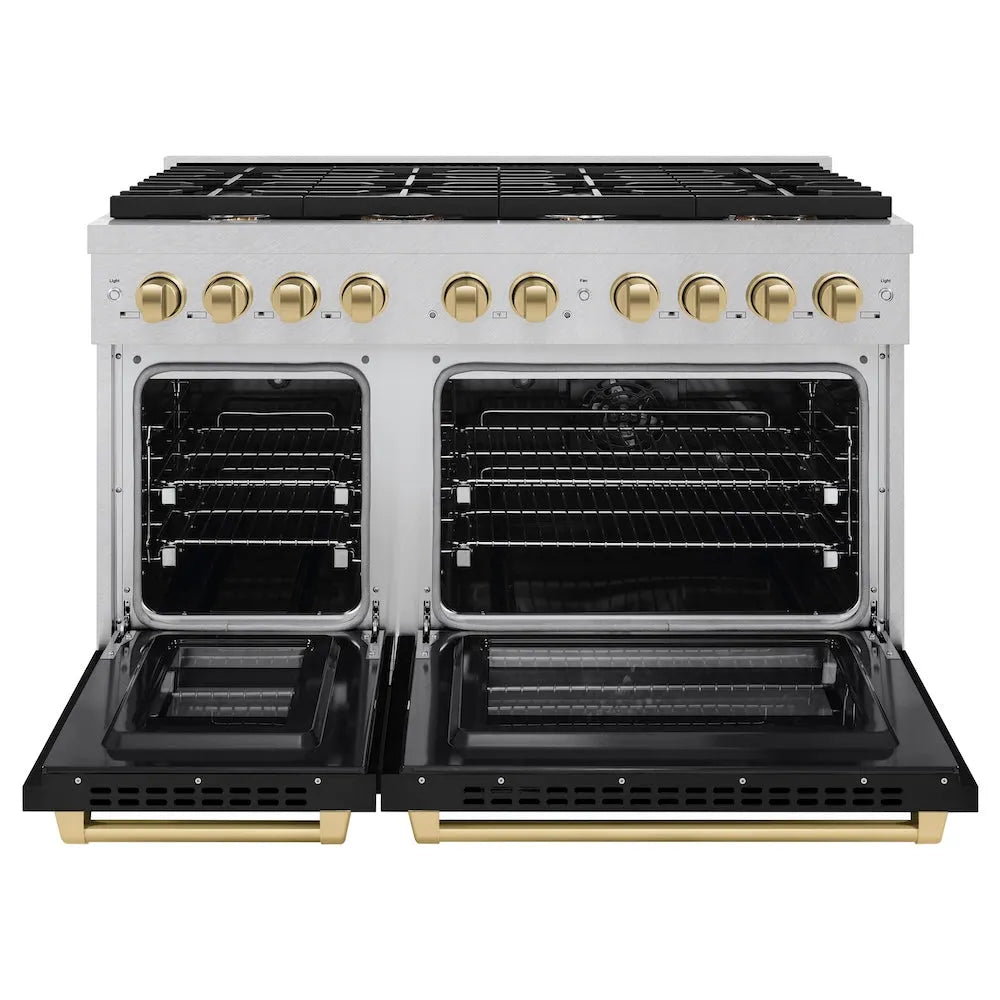 ZLINE Autograph Edition 48 in. 6.7 cu. ft. Paramount Double Oven Dual Fuel Range with 8 Burner Gas Cooktop in Satin Stainless Steel with Black Matte Doors and Champagne Bronze Accents (SDRSZ-BLM-48-CB) front, open.