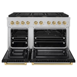ZLINE Autograph Edition 48 in. 6.7 cu. ft. Paramount Double Oven Dual Fuel Range with 8 Burner Gas Cooktop in Satin Stainless Steel with Black Matte Doors and Champagne Bronze Accents (SDRSZ-BLM-48-CB) front, open.