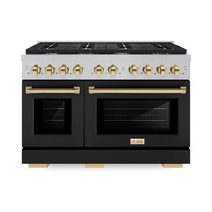ZLINE Autograph Edition 48 in. 6.7 cu. ft. Paramount Double Oven Dual Fuel Range with 8 Burner Gas Cooktop in Satin Stainless Steel with Black Matte Doors and Polished Gold Accents (SDRSZ-BLM-48-G) front.