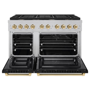ZLINE Autograph Edition 48 in. 6.7 cu. ft. Paramount Double Oven Dual Fuel Range with 8 Burner Gas Cooktop in Satin Stainless Steel with Black Matte Doors and Polished Gold Accents (SDRSZ-BLM-48-G) front, open.