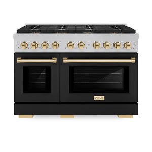 ZLINE Autograph Edition 48 in. 6.7 cu. ft. Paramount Double Oven Dual Fuel Range with 8 Burner Gas Cooktop in Satin Stainless Steel with Black Matte Doors and Polished Gold Accents (SDRSZ-BLM-48-G) front, oven closed.
