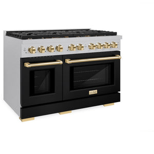 ZLINE Autograph Edition 48 in. 6.7 cu. ft. Paramount Double Oven Dual Fuel Range with 8 Burner Gas Cooktop in Satin Stainless Steel with Black Matte Doors and Polished Gold Accents (SDRSZ-BLM-48-G) side, oven closed.