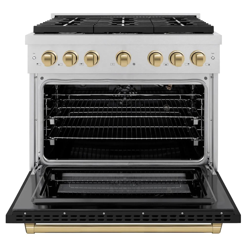 ZLINE Autograph Edition 36 in. 5.2 cu. ft. Paramount Gas Range with 6 Burner Cooktop and Convection Gas Oven in Satin Stainless Steel with Black Matte Door and Champagne Bronze Accents (SGRSZ-BLM-36-CB) front, open.