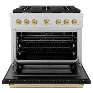 ZLINE Autograph Edition 36 in. 5.2 cu. ft. Paramount Gas Range with 6 Burner Cooktop and Convection Gas Oven in Satin Stainless Steel with Black Matte Door and Champagne Bronze Accents (SGRSZ-BLM-36-CB) front, open.