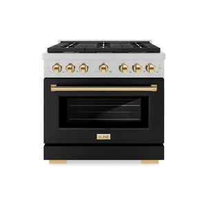 ZLINE Autograph Edition 36 in. 5.2 cu. ft. Paramount Gas Range with 6 Burner Cooktop and Convection Gas Oven in Satin Stainless Steel with Black Matte Door and Polished Gold Accents (SGRSZ-BLM-36-G) front.