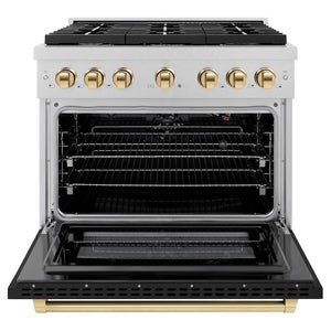 ZLINE Autograph Edition 36 in. 5.2 cu. ft. Paramount Gas Range with 6 Burner Cooktop and Convection Gas Oven in Satin Stainless Steel with Black Matte Door and Polished Gold Accents (SGRSZ-BLM-36-G) front, open.