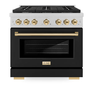 ZLINE Autograph Edition 36 in. 5.2 cu. ft. Paramount Gas Range with 6 Burner Cooktop and Convection Gas Oven in Satin Stainless Steel with Black Matte Door and Polished Gold Accents (SGRSZ-BLM-36-G) front, oven closed.