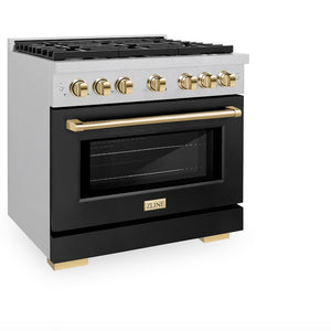 ZLINE Autograph Edition 36 in. 5.2 cu. ft. Paramount Gas Range with 6 Burner Cooktop and Convection Gas Oven in Satin Stainless Steel with Black Matte Door and Polished Gold Accents (SGRSZ-BLM-36-G) side, oven closed.