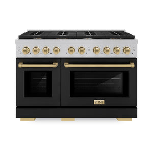 ZLINE Autograph Edition 48 in. 6.7 cu. ft. Paramount Double Oven Gas Range with 8 Burner Cooktop in Satin Stainless Steel with Black Matte Doors and Champagne Bronze Accents (SGRSZ-BLM-48-CB) front.
