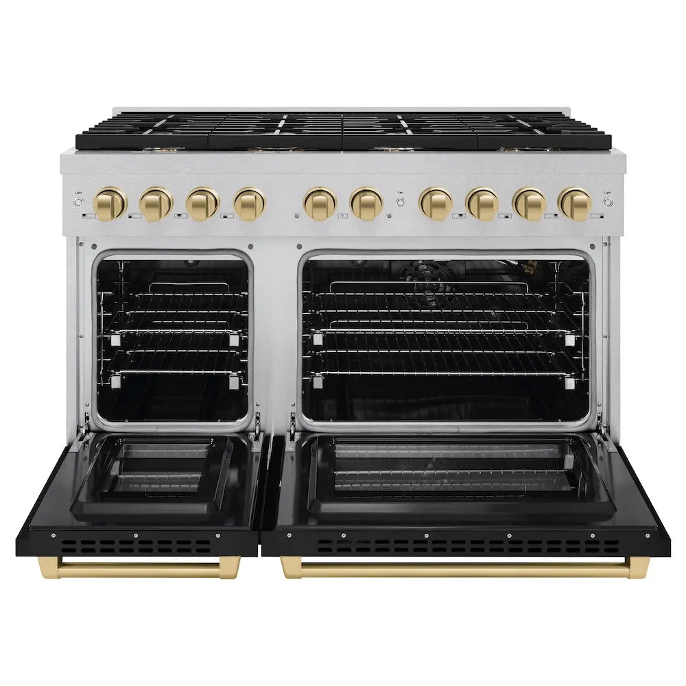 ZLINE Autograph Edition 48 in. 6.7 cu. ft. Paramount Double Oven Gas Range with 8 Burner Cooktop in Satin Stainless Steel with Black Matte Doors and Champagne Bronze Accents (SGRSZ-BLM-48-CB) front, open.