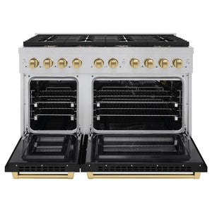 ZLINE Autograph Edition 48 in. 6.7 cu. ft. Paramount Double Oven Gas Range with 8 Burner Cooktop in Satin Stainless Steel with Black Matte Doors and Champagne Bronze Accents (SGRSZ-BLM-48-CB) front, open.
