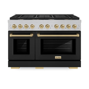 ZLINE Autograph Edition 48 in. 6.7 cu. ft. Paramount Double Oven Gas Range with 8 Burner Cooktop in Satin Stainless Steel with Black Matte Doors and Champagne Bronze Accents (SGRSZ-BLM-48-CB) front, oven closed.