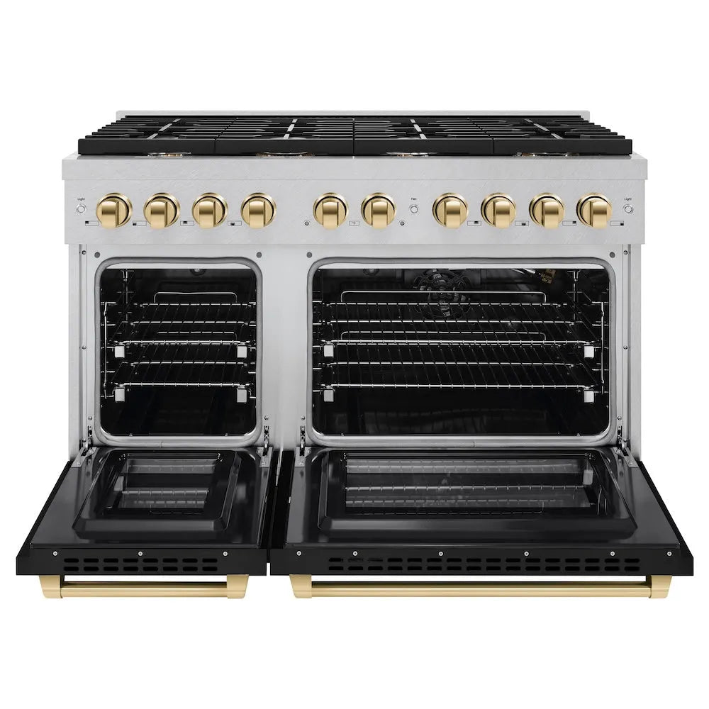 ZLINE Autograph Edition 48 in. 6.7 cu. ft. Paramount Double Oven Gas Range with 8 Burner Cooktop in Satin Stainless Steel with Black Matte Doors and Polished Gold Accents (SGRSZ-BLM-48-G) front, open.