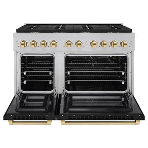 ZLINE Autograph Edition 48 in. 6.7 cu. ft. Paramount Double Oven Gas Range with 8 Burner Cooktop in Satin Stainless Steel with Black Matte Doors and Polished Gold Accents (SGRSZ-BLM-48-G) front, open.