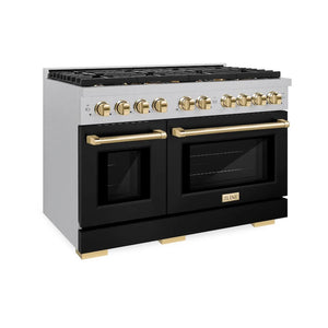 ZLINE Autograph Edition 48 in. 6.7 cu. ft. Paramount Double Oven Gas Range with 8 Burner Cooktop in Satin Stainless Steel with Black Matte Doors and Polished Gold Accents (SGRSZ-BLM-48-G) main image.