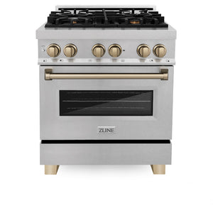 ZLINE Autograph Edition 30 in. 4.0 cu. ft. Legacy Dual Fuel Range with 4 Burner Gas Cooktop and Electric Convection Oven in Satin Stainless Steel and Champagne Bronze Accents (RASZ-SN-30-CB) front, oven closed.