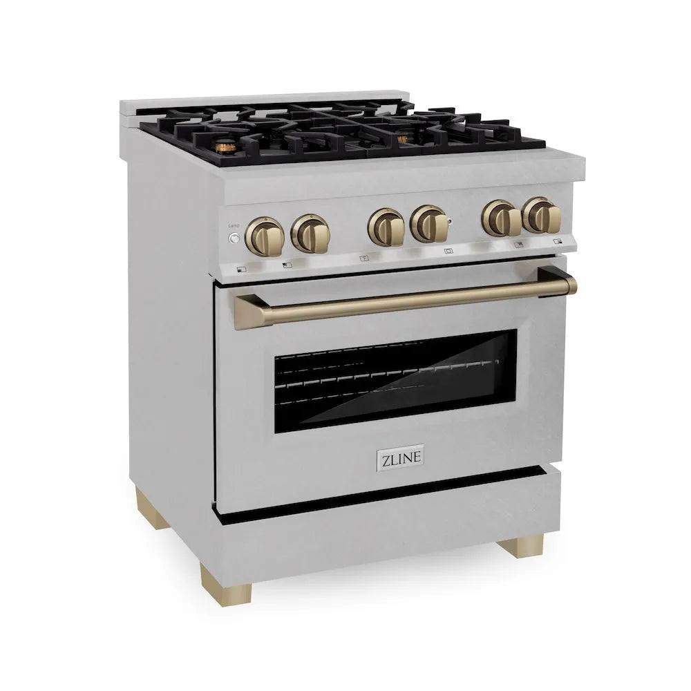 ZLINE Autograph Edition 30 in. 4.0 cu. ft. Legacy Dual Fuel Range with 4 Burner Gas Cooktop and Electric Convection Oven in Satin Stainless Steel and Champagne Bronze Accents (RASZ-SN-30-CB) main image.