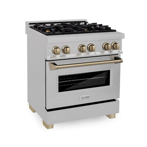 ZLINE Autograph Edition 30 in. 4.0 cu. ft. Legacy Dual Fuel Range with 4 Burner Gas Cooktop and Electric Convection Oven in Satin Stainless Steel and Champagne Bronze Accents (RASZ-SN-30-CB) main image.