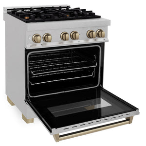 ZLINE Autograph Edition 30 in. 4.0 cu. ft. Legacy Dual Fuel Range with 4 Burner Gas Cooktop and Electric Convection Oven in Satin Stainless Steel and Champagne Bronze Accents (RASZ-SN-30-CB) side, oven open.