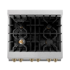 ZLINE Autograph Edition 30 in. 4.0 cu. ft. Legacy Dual Fuel Range with 4 Burner Gas Cooktop and Electric Convection Oven in Satin Stainless Steel and Champagne Bronze Accents (RASZ-SN-30-CB) top-down, above cooktop.
