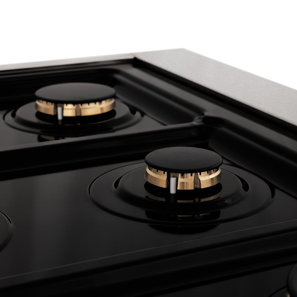 ZLINE Autograph Edition 30 in. 4.0 cu. ft. Legacy Dual Fuel Range with 4 Burner Gas Cooktop and Electric Convection Oven in Satin Stainless Steel and Polished Gold Accents (RASZ-SN-30-G)