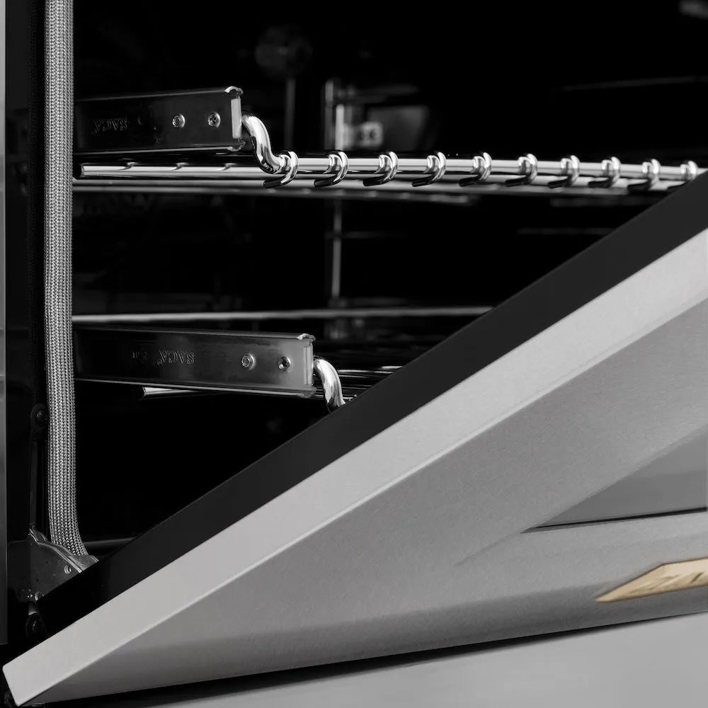 ZLINE Autograph Edition 30 in. 4.0 cu. ft. Legacy Dual Fuel Range with 4 Burner Gas Cooktop and Electric Convection Oven in Satin Stainless Steel and Polished Gold Accents (RASZ-SN-30-G) oven door close-up.