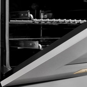 ZLINE Autograph Edition 30 in. 4.0 cu. ft. Legacy Dual Fuel Range with 4 Burner Gas Cooktop and Electric Convection Oven in Satin Stainless Steel and Polished Gold Accents (RASZ-SN-30-G) oven door close-up.