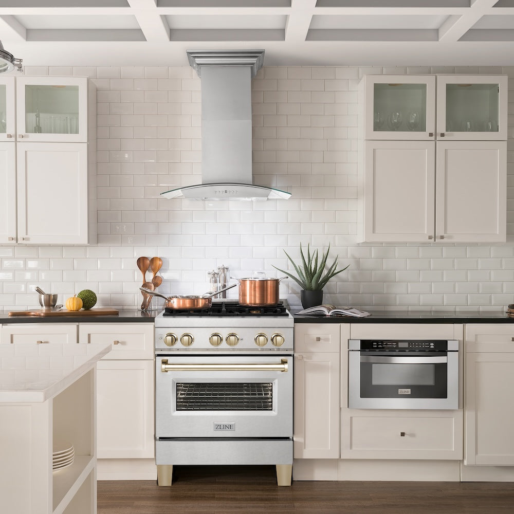 ZLINE Autograph Edition 30 in. 4.0 cu. ft. Legacy Dual Fuel Range with 4 Burner Gas Cooktop and Electric Convection Oven in Satin Stainless Steel and Polished Gold Accents (RASZ-SN-30-G) front, oven closed.