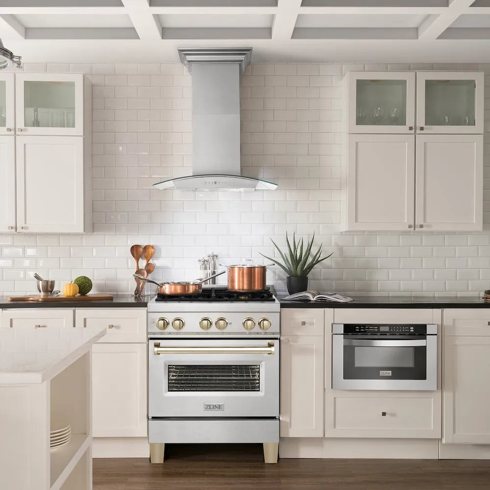 Farmhouse kitchen with ZLINE Autograph Edition 30 in. 4.0 cu. ft. Legacy Dual Fuel Range with 4 Burner Gas Cooktop and Electric Convection Oven in Satin Stainless Steel and Polished Gold Accents (RASZ-SN-30-G), stainless steel appliances, and white cabinets.
