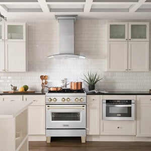 Farmhouse kitchen with ZLINE Autograph Edition 30 in. 4.0 cu. ft. Legacy Dual Fuel Range with 4 Burner Gas Cooktop and Electric Convection Oven in Satin Stainless Steel and Polished Gold Accents (RASZ-SN-30-G), stainless steel appliances, and white cabinets.