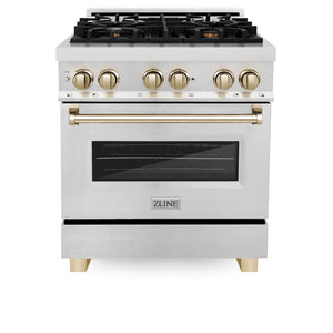 ZLINE Autograph Edition 30 in. 4.0 cu. ft. Legacy Dual Fuel Range with 4 Burner Gas Cooktop and Electric Convection Oven in Satin Stainless Steel and Polished Gold Accents (RASZ-SN-30-G) front, oven closed.