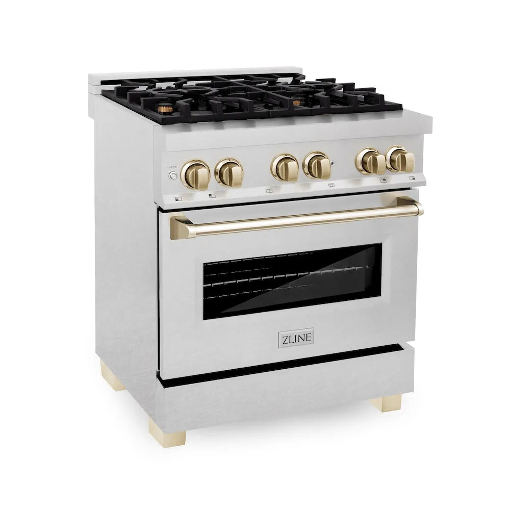 ZLINE Autograph Edition 30 in. 4.0 cu. ft. Legacy Dual Fuel Range with 4 Burner Gas Cooktop and Electric Convection Oven in Satin Stainless Steel and Polished Gold Accents (RASZ-SN-30-G) main image.