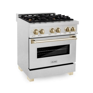 ZLINE Autograph Edition 30 in. 4.0 cu. ft. Legacy Dual Fuel Range with 4 Burner Gas Cooktop and Electric Convection Oven in Satin Stainless Steel and Polished Gold Accents (RASZ-SN-30-G) main image.