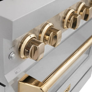 ZLINE Autograph Edition 30 in. 4.0 cu. ft. Legacy Dual Fuel Range with 4 Burner Gas Cooktop and Electric Convection Oven in Satin Stainless Steel and Polished Gold Accents (RASZ-SN-30-G) close-up, knobs.