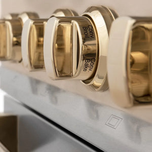 ZLINE Autograph Edition 30 in. 4.0 cu. ft. Legacy Dual Fuel Range with 4 Burner Gas Cooktop and Electric Convection Oven in Satin Stainless Steel and Polished Gold Accents (RASZ-SN-30-G) close-up, knobs.