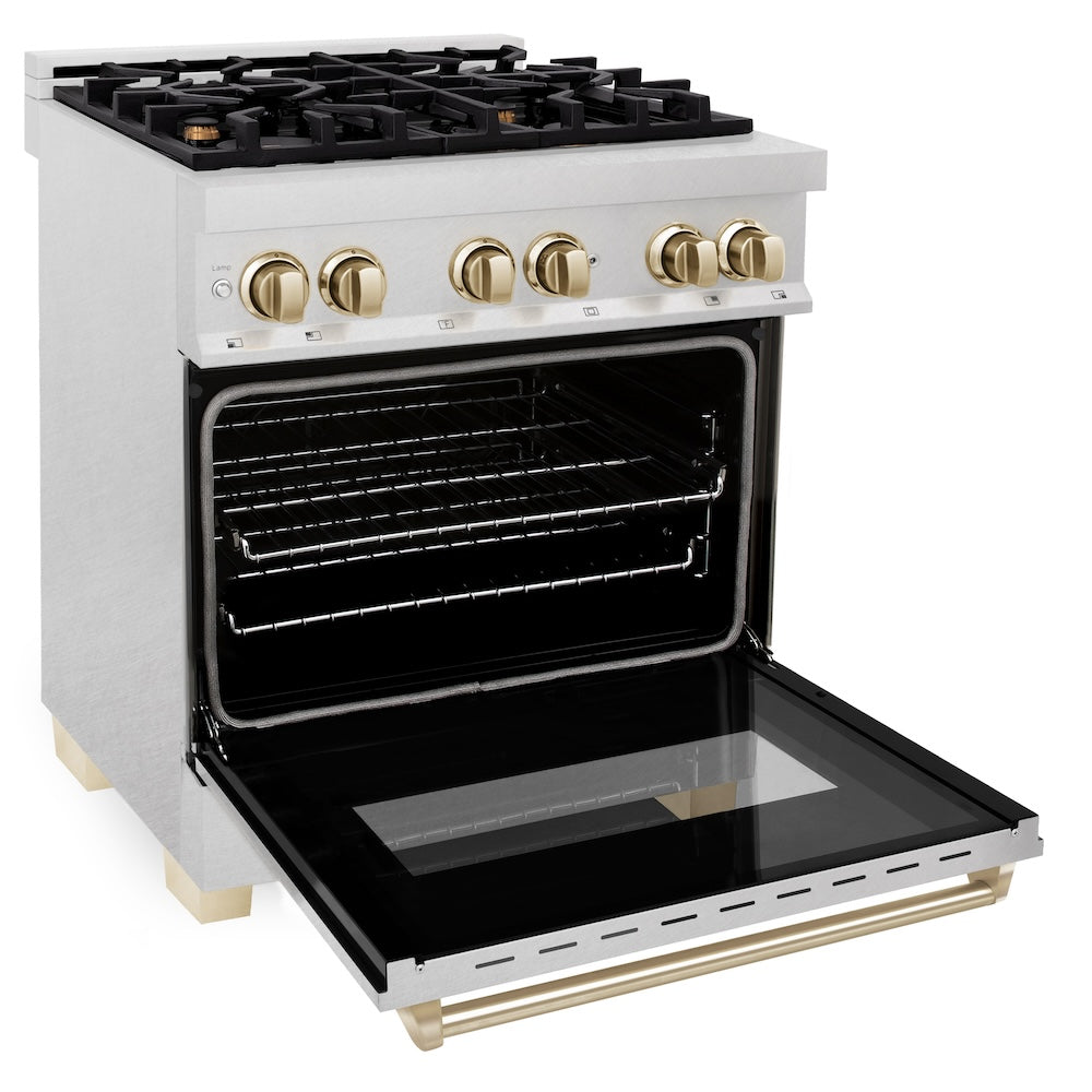ZLINE Autograph Edition 30 in. 4.0 cu. ft. Legacy Dual Fuel Range with 4 Burner Gas Cooktop and Electric Convection Oven in Satin Stainless Steel and Polished Gold Accents (RASZ-SN-30-G) side, oven open.