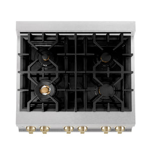 ZLINE Autograph Edition 30 in. 4.0 cu. ft. Legacy Dual Fuel Range with 4 Burner Gas Cooktop and Electric Convection Oven in Satin Stainless Steel and Polished Gold Accents (RASZ-SN-30-G) top-down, above cooktop.