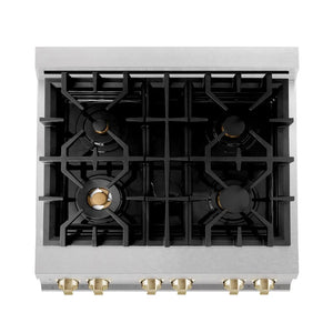 ZLINE Autograph Edition 30 in. 4.0 cu. ft. Legacy Dual Fuel Range with 4 Burner Gas Cooktop and Electric Convection Oven in Satin Stainless Steel and Polished Gold Accents (RASZ-SN-30-G) top-down, above cooktop.