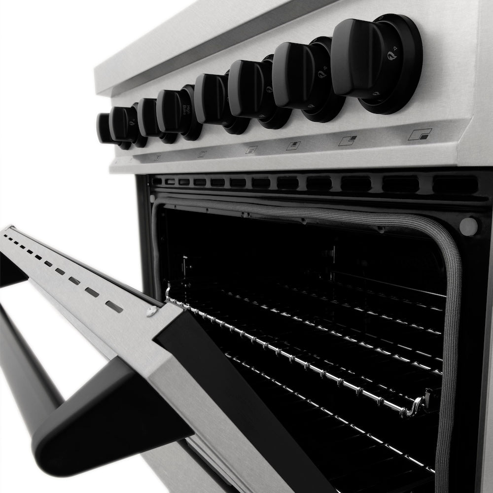 ZLINE Autograph Edition 30 in. 4.0 cu. ft. Legacy Dual Fuel Range with 4 Burner Gas Cooktop and Electric Convection Oven in Satin Stainless Steel and Matte Black Accents (RASZ-SN-30-MB)