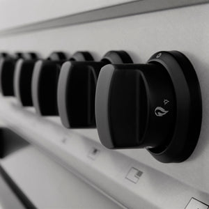 ZLINE Autograph Edition 30 in. 4.0 cu. ft. Legacy Dual Fuel Range with 4 Burner Gas Cooktop and Electric Convection Oven in Satin Stainless Steel and Matte Black Accents (RASZ-SN-30-MB) knobs.