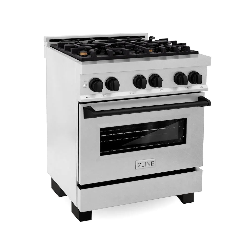 ZLINE Autograph Edition 30 in. 4.0 cu. ft. Legacy Dual Fuel Range with 4 Burner Gas Cooktop and Electric Convection Oven in Satin Stainless Steel and Matte Black Accents (RASZ-SN-30-MB) main image.